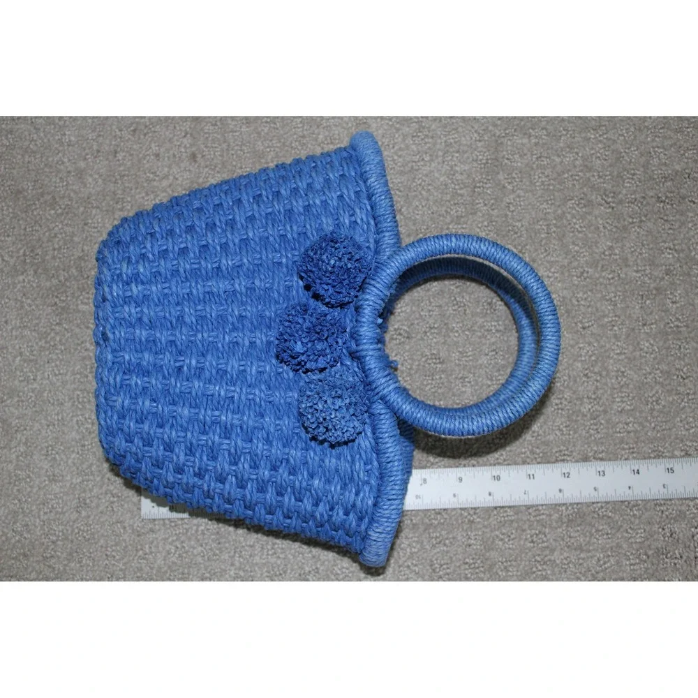 Banana Republic Blue Woven Straw Pom Pom Mini Tote Bag Drawstring Basket Handbag